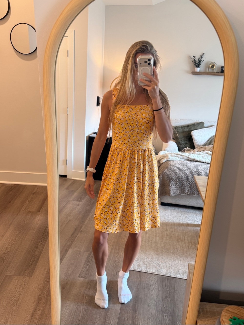 Yellow Floral Sundress - Sleeveless Square Neck